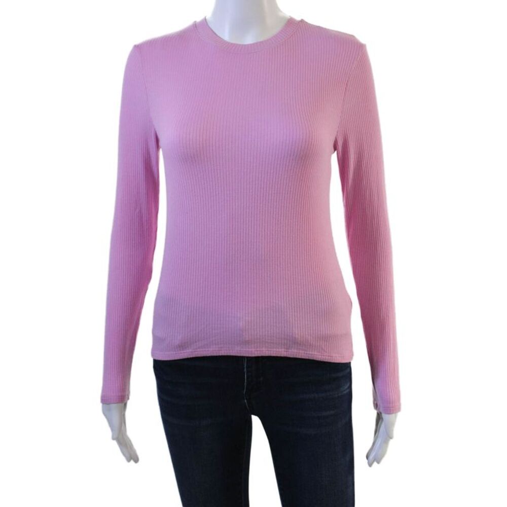 Kirna Zabete Women Striped Long Sleeve Basic T-Shirt Pink Rayon Size S